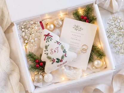 Personalized Christmas Tree Shaped Wedding Ornament, Hand Embroidered Linen Wreath, Custom Initials & Date, First Christmas Couple Keepsake
