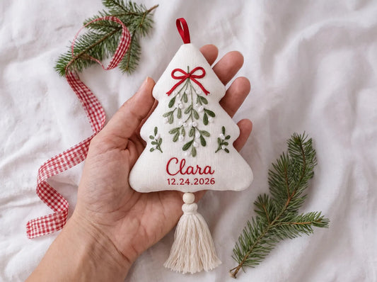 Personalized Christmas Tree Shaped Ornament, Hand Embroidered Linen Mistletoe, Custom Name & Date, Handmade Christmas Keepsake Holiday Gift