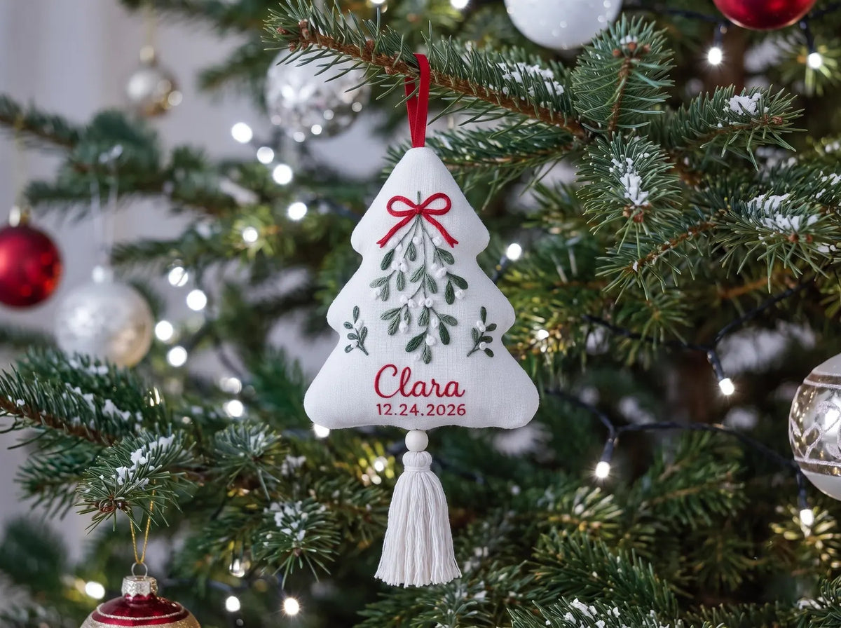 Personalized Christmas Tree Shaped Ornament, Hand Embroidered Linen Mistletoe, Custom Name & Date, Handmade Christmas Keepsake Holiday Gift