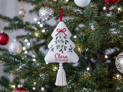 Personalized Christmas Tree Shaped Ornament, Hand Embroidered Linen Mistletoe, Custom Name & Date, Handmade Christmas Keepsake Holiday Gift