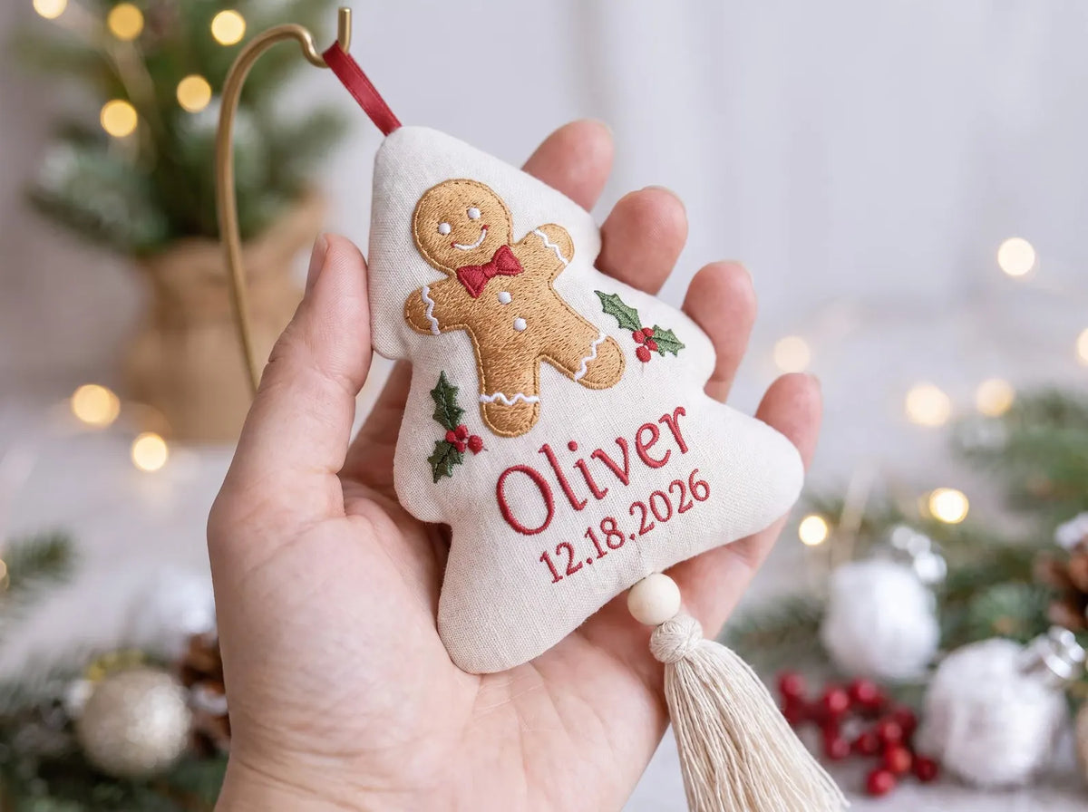 Personalized Christmas Tree Shaped Ornament, Hand Embroidered Linen Gingerbread Man, Custom Name & Date, Kids Christmas Keepsake Family Gift