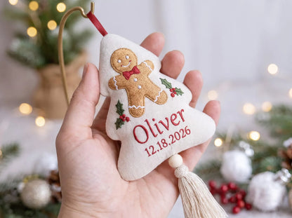 Personalized Christmas Tree Shaped Ornament, Hand Embroidered Linen Gingerbread Man, Custom Name & Date, Kids Christmas Keepsake Family Gift
