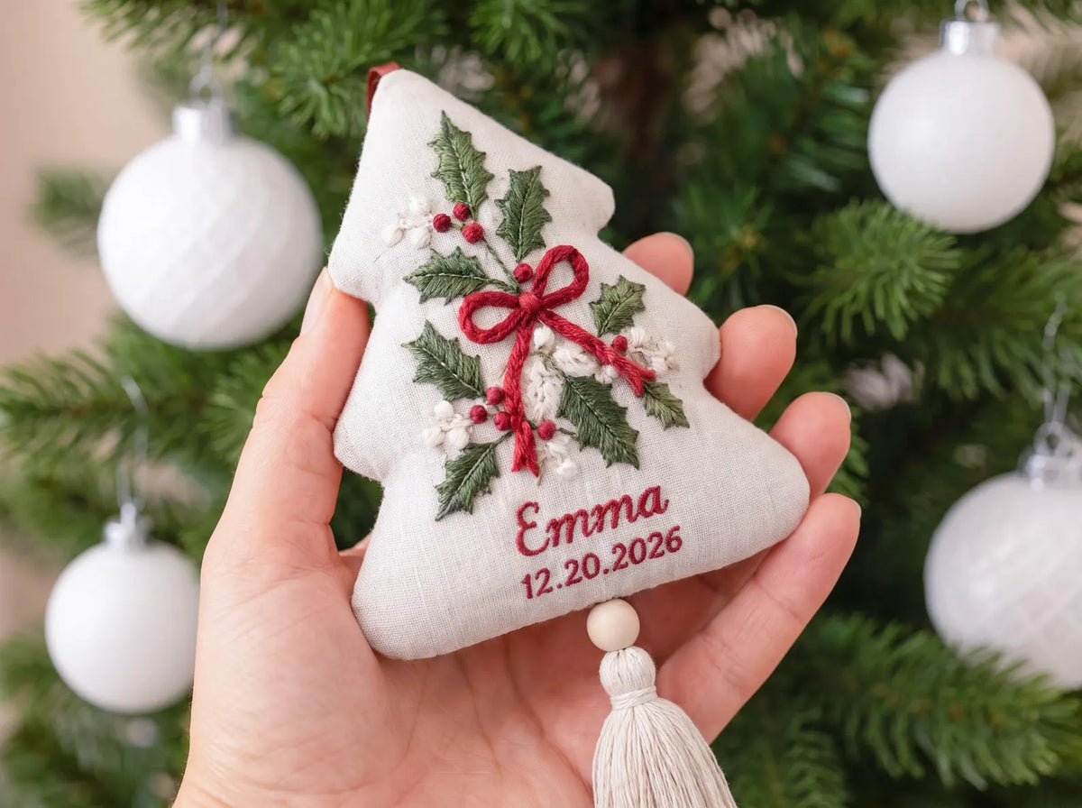 Personalized Christmas Tree Shaped Ornament, Hand Embroidered Holly Linen, Custom Name & Date, Handmade Christmas Keepsake Holiday Gift