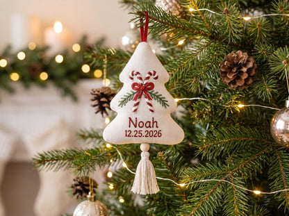 Personalized Christmas Tree Shaped Ornament, Hand Embroidered Linen Candy Cane, Custom Name & Date, Handmade Holiday Keepsake Christmas Gift