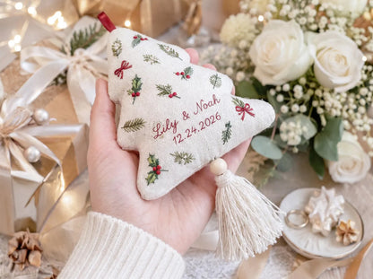 Personalized Christmas Tree Shaped Wedding Ornament, Hand Embroidered Botanical Linen, Custom Couple Names & Date, First Christmas Keepsake