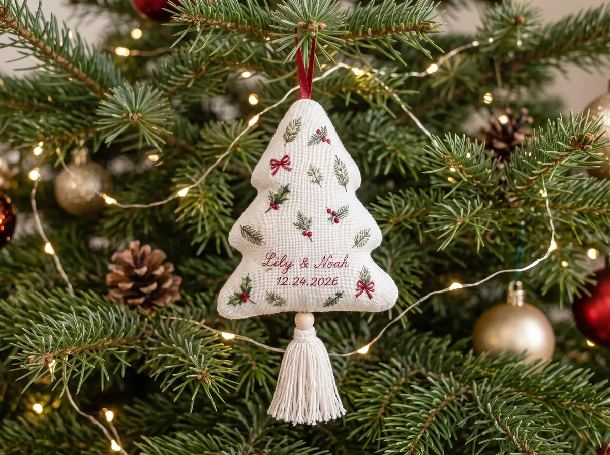 Personalized Christmas Tree Shaped Wedding Ornament, Hand Embroidered Botanical Linen, Custom Couple Names & Date, First Christmas Keepsake