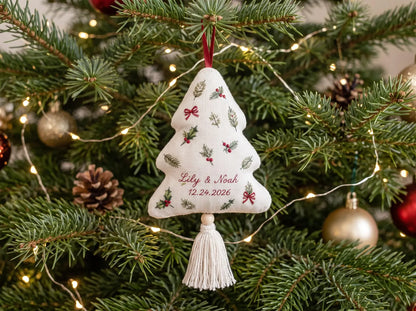 Personalized Christmas Tree Shaped Wedding Ornament, Hand Embroidered Botanical Linen, Custom Couple Names & Date, First Christmas Keepsake