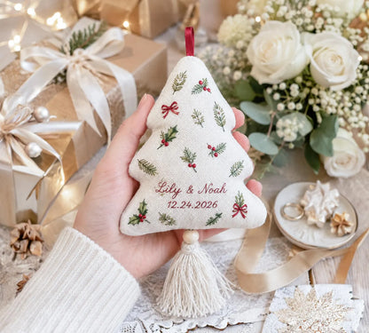 Personalized Christmas Tree Shaped Wedding Ornament, Hand Embroidered Botanical Linen, Custom Couple Names & Date, First Christmas Keepsake