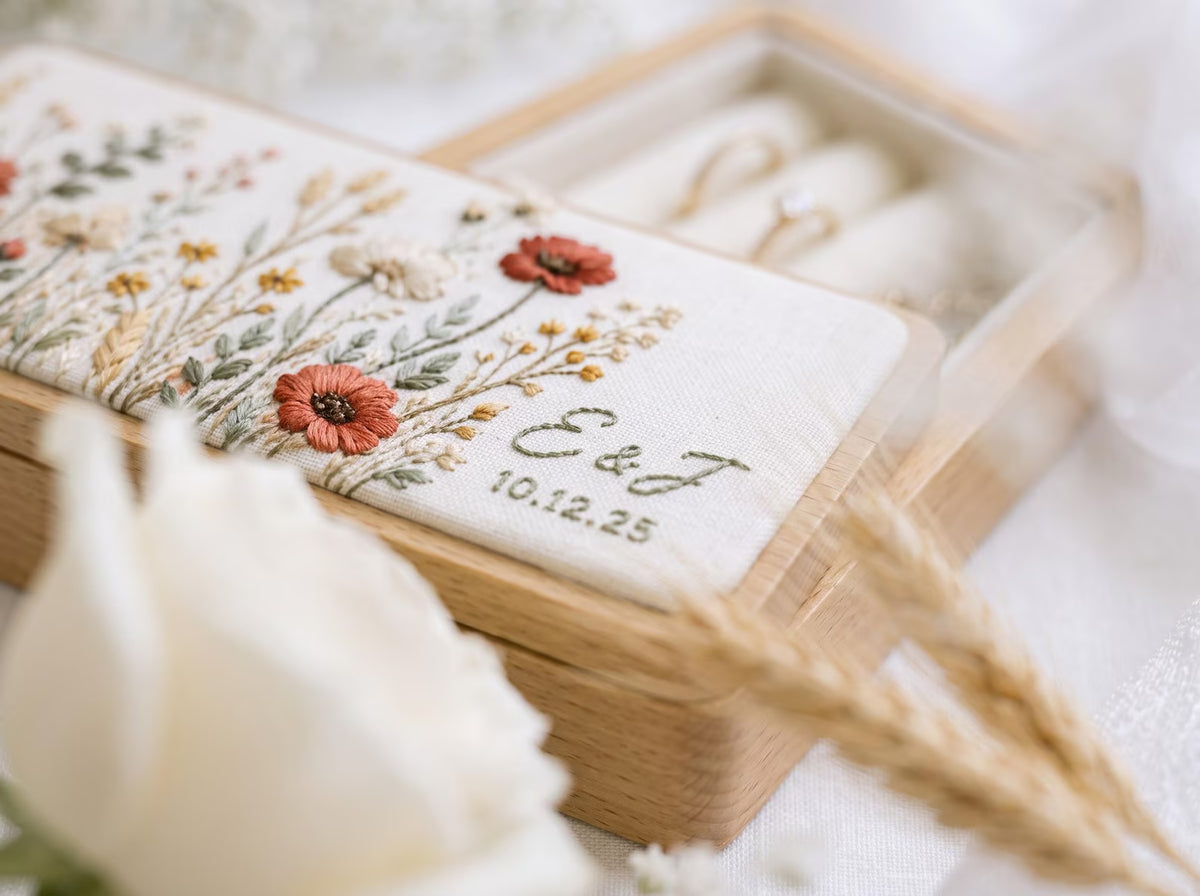 Personalized Autumn Wedding Ring Box, Rustic Wildflower Embroidered Linen Wooden Ring Bearer Box, Custom Initials Date Bridal Keepsake Gifts