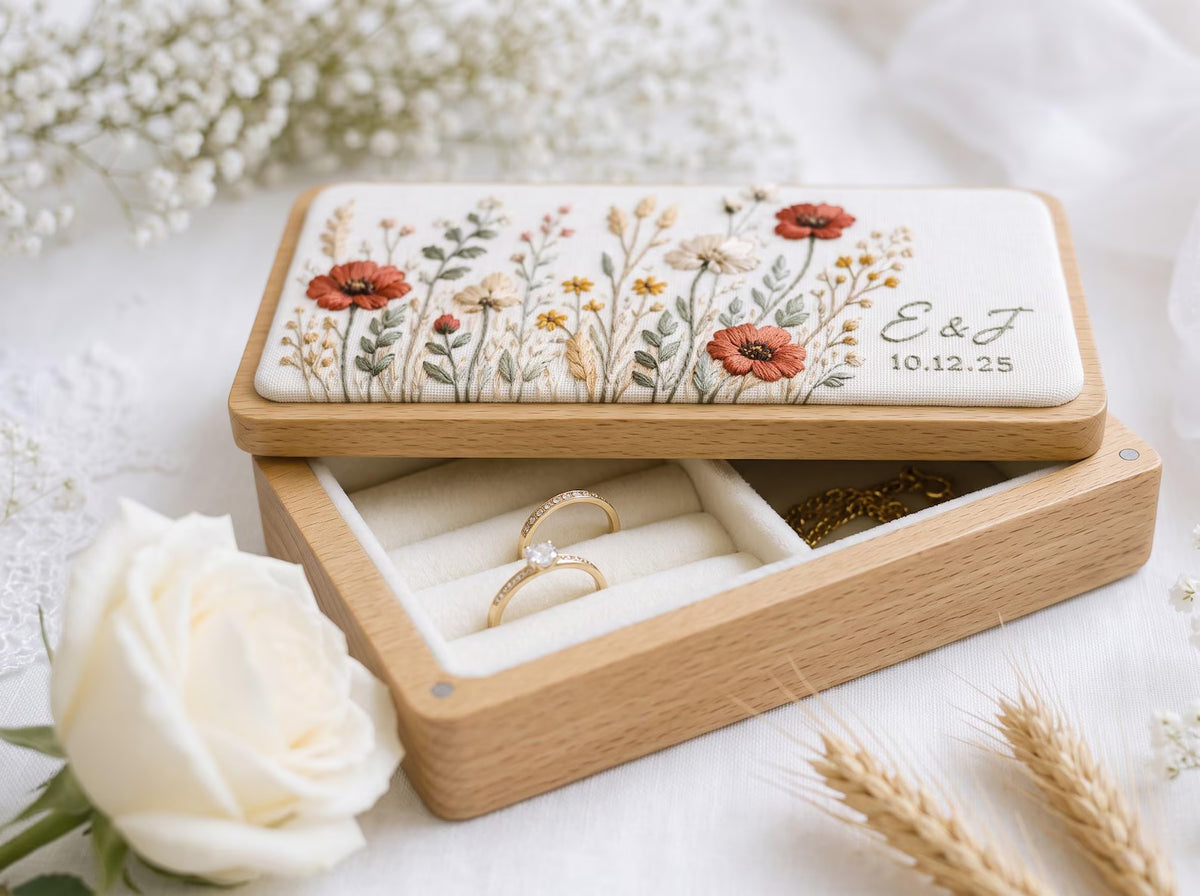 Personalized Autumn Wedding Ring Box, Rustic Wildflower Embroidered Linen Wooden Ring Bearer Box, Custom Initials Date Bridal Keepsake Gifts