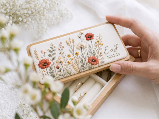 Personalized Autumn Wedding Ring Box, Rustic Wildflower Embroidered Linen Wooden Ring Bearer Box, Custom Initials Date Bridal Keepsake Gifts