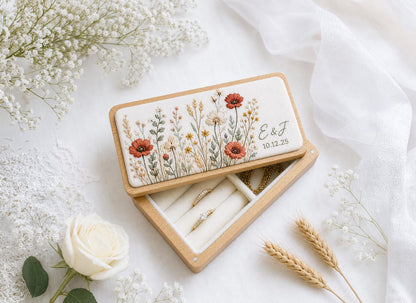 Personalized Autumn Wedding Ring Box, Rustic Wildflower Embroidered Linen Wooden Ring Bearer Box, Custom Initials Date Bridal Keepsake Gifts