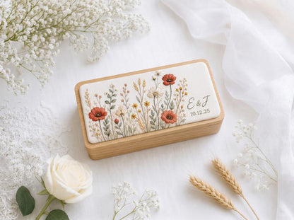 Personalized Autumn Wedding Ring Box, Rustic Wildflower Embroidered Linen Wooden Ring Bearer Box, Custom Initials Date Bridal Keepsake Gifts
