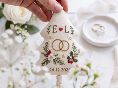 Personalized Christmas Tree Shaped Wedding Ornament, Hand Embroidered Linen Rings, Custom Initials & Date, First Christmas Married Keepsake