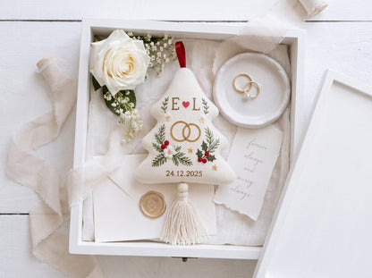 Personalized Christmas Tree Shaped Wedding Ornament, Hand Embroidered Linen Rings, Custom Initials & Date, First Christmas Married Keepsake