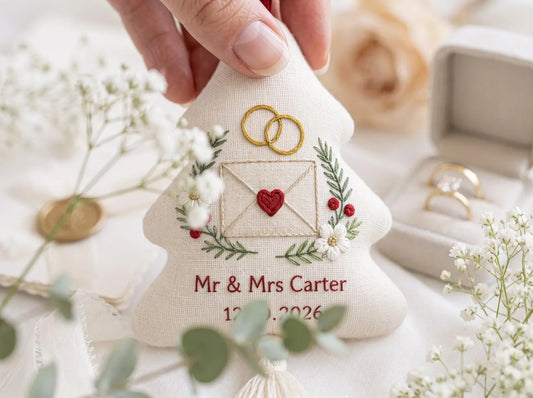 Personalized Wedding Christmas Tree Ornament, Hand Embroidered Linen Envelope & Rings, Custom Mr Mrs Name Date Newlywed Keepsake Gift