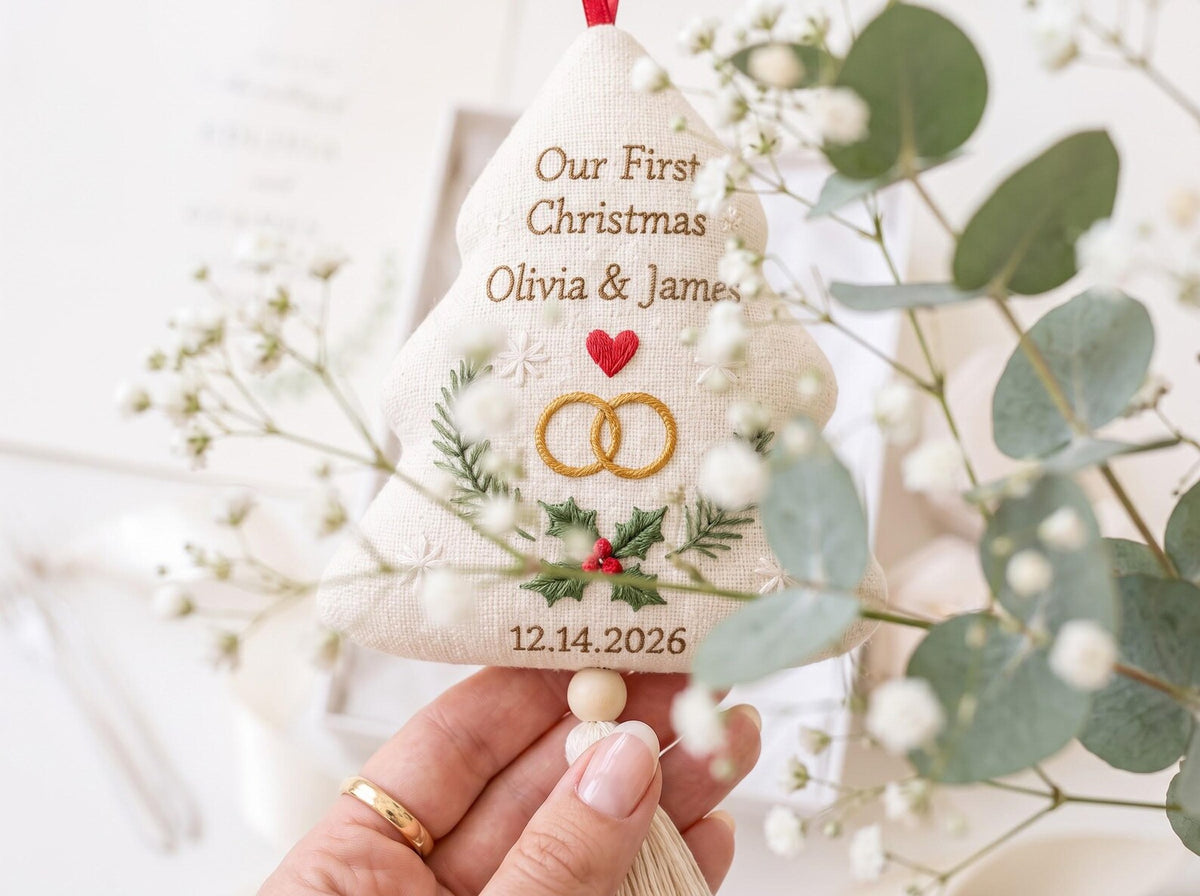 Personalized Christmas Tree Wedding Ornament, Hand Embroidered Linen Rings & Holly, Custom Couple Names Date, Newlywed Keepsake Xmas Gift