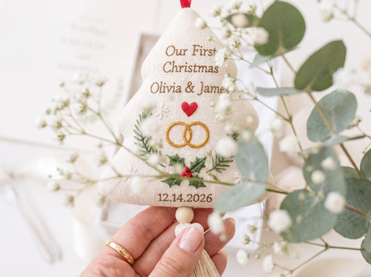 Personalized Christmas Tree Wedding Ornament, Hand Embroidered Linen Rings & Holly, Custom Couple Names Date, Newlywed Keepsake Xmas Gift