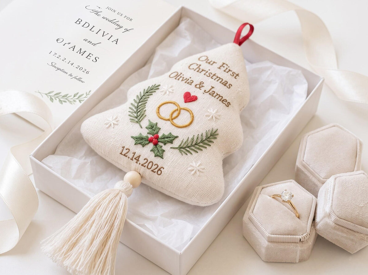 Personalized Christmas Tree Wedding Ornament, Hand Embroidered Linen Rings & Holly, Custom Couple Names Date, Newlywed Keepsake Xmas Gift
