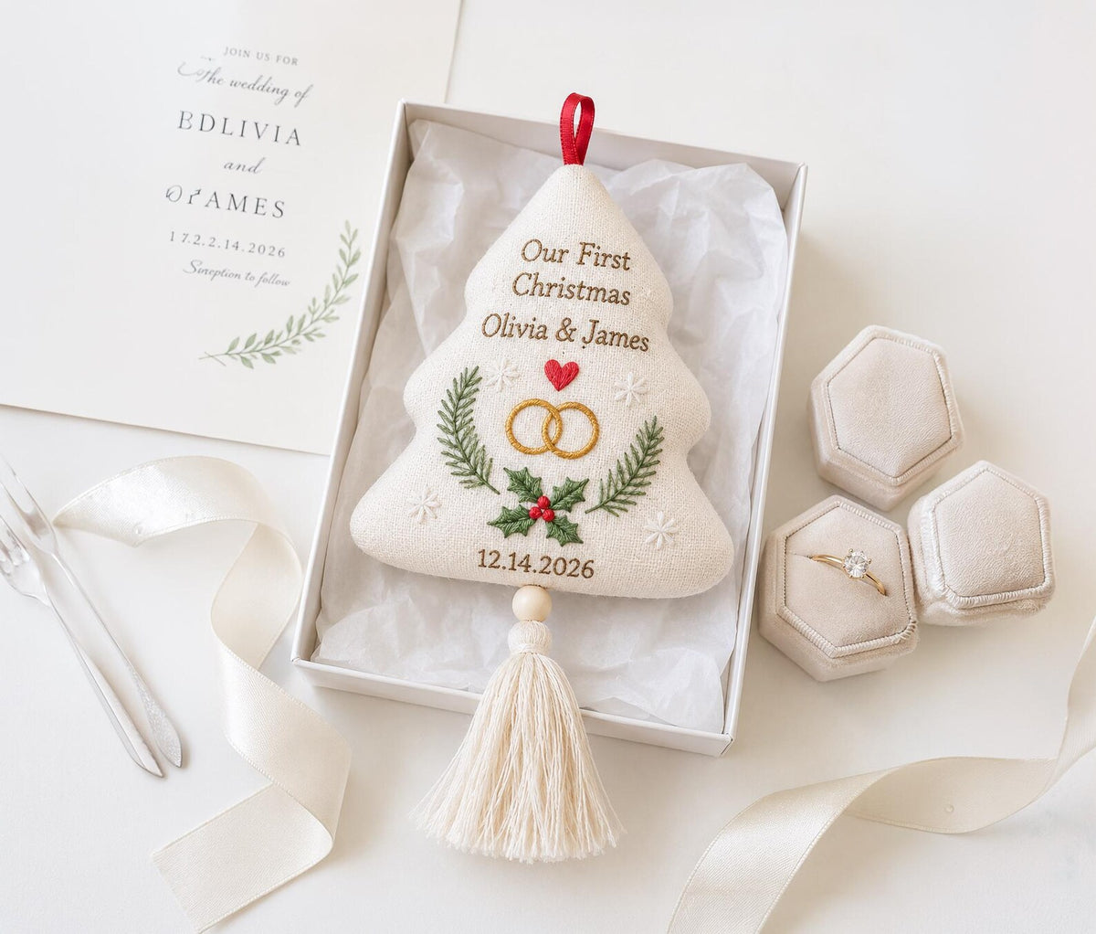 Personalized Christmas Tree Wedding Ornament, Hand Embroidered Linen Rings & Holly, Custom Couple Names Date, Newlywed Keepsake Xmas Gift