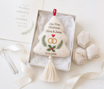 Personalized Christmas Tree Wedding Ornament, Hand Embroidered Linen Rings & Holly, Custom Couple Names Date, Newlywed Keepsake Xmas Gift