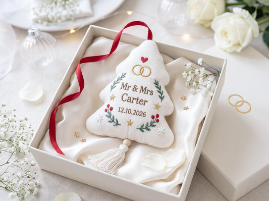 Personalized Christmas Tree Shaped Wedding Ornament, Hand Embroidered Linen Mr & Mrs, Custom Couple Name Date, Wedding Rings Gift