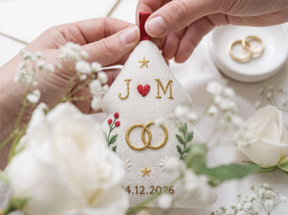 Personalized Christmas Tree Shaped Wedding Ornament, Hand Embroidered Linen Rings, Custom Initials & Date, Newlywed Keepsake Gift