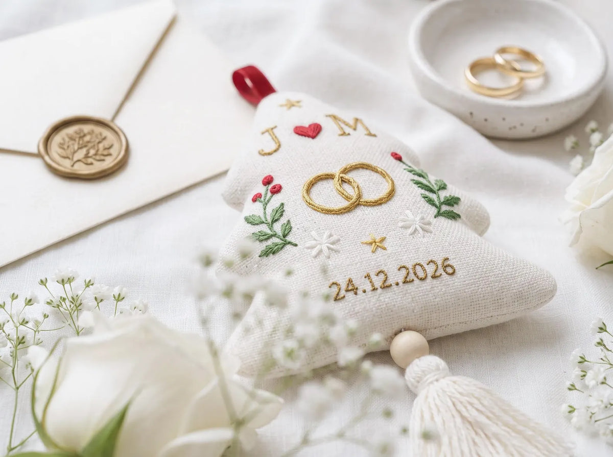 Personalized Christmas Tree Shaped Wedding Ornament, Hand Embroidered Linen Rings, Custom Initials & Date, Newlywed Keepsake Gift
