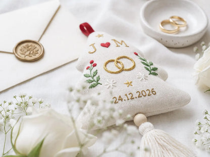 Personalized Christmas Tree Shaped Wedding Ornament, Hand Embroidered Linen Rings, Custom Initials & Date, Newlywed Keepsake Gift