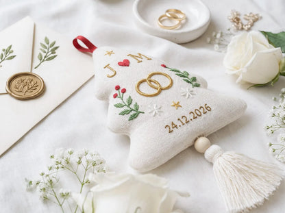 Personalized Christmas Tree Shaped Wedding Ornament, Hand Embroidered Linen Rings, Custom Initials & Date, Newlywed Keepsake Gift