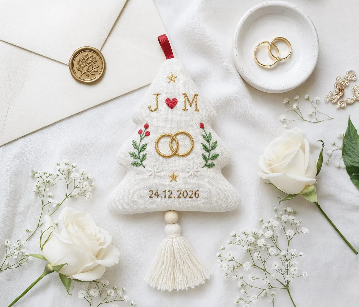 Personalized Christmas Tree Shaped Wedding Ornament, Hand Embroidered Linen Rings, Custom Initials & Date, Newlywed Keepsake Gift