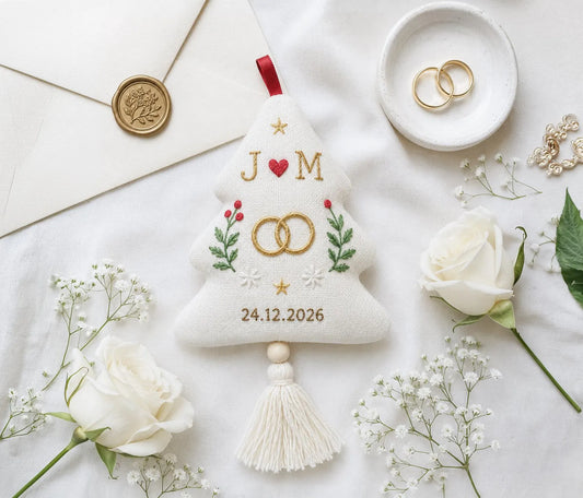Personalized Christmas Tree Shaped Wedding Ornament, Hand Embroidered Linen Rings, Custom Initials & Date, Newlywed Keepsake Gift