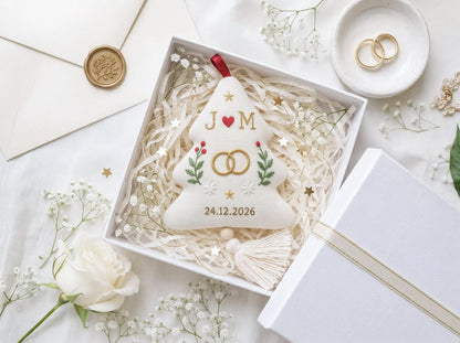 Personalized Christmas Tree Shaped Wedding Ornament, Hand Embroidered Linen Rings, Custom Initials & Date, Newlywed Keepsake Gift