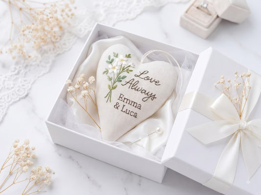 Personalized Wedding Heart Ornament – Hand Embroidered Linen Floral Ornament with Names & Date – Custom Wedding Christmas Gift Decoration