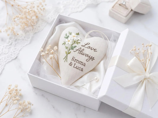Hand Embroidered Personalized Heart Ornament, Linen Wedding Keepsake with White Flowers, Love Always Quote and Custom Names