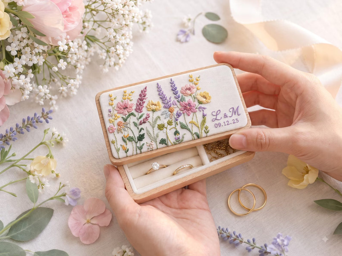 Personalized Mini Wooden Jewelry Box, Hand Embroidered Wildflower Ring Box with Lavender, Pink Blooms, Initials Date Wedding Gift Box Set