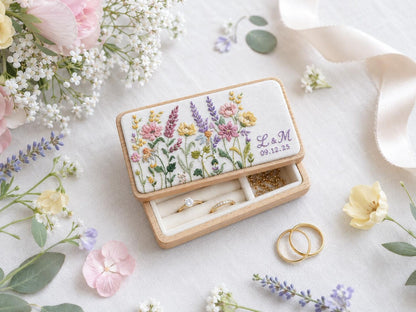 Personalized Mini Wooden Jewelry Box, Hand Embroidered Wildflower Ring Box with Lavender, Pink Blooms, Initials Date Wedding Gift Box Set