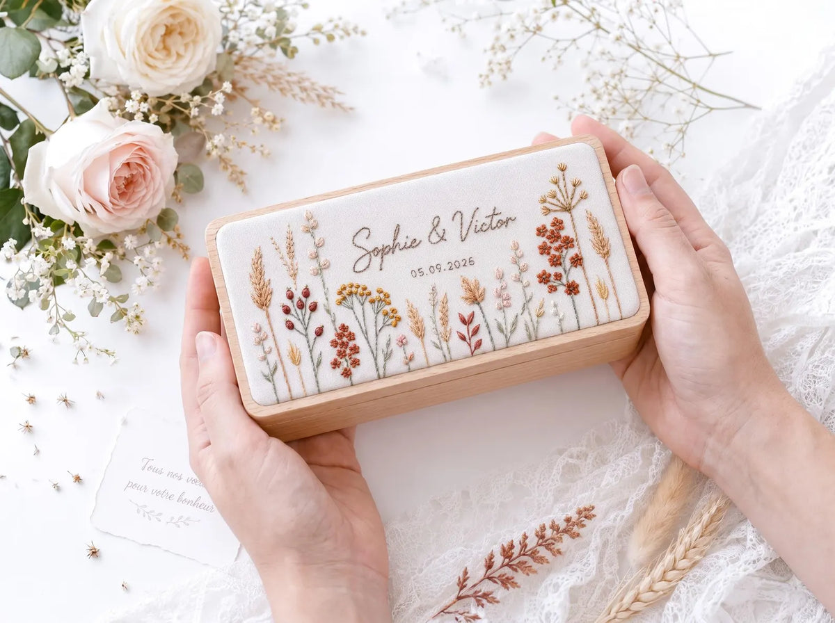 Personalized Mini Wooden Jewelry Box, Hand Embroidered Autumn Wildflower, Wheat and Berries, Custom Names and Date Wedding Keepsake Gift Box