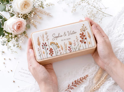 Personalized Mini Wooden Jewelry Box, Hand Embroidered Autumn Wildflower, Wheat and Berries, Custom Names and Date Wedding Keepsake Gift Box