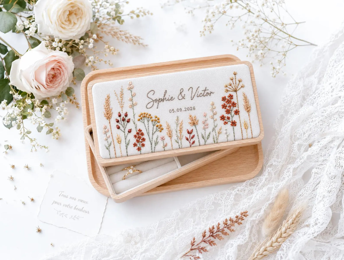 Personalized Mini Wooden Jewelry Box, Hand Embroidered Autumn Wildflower, Wheat and Berries, Custom Names and Date Wedding Keepsake Gift Box