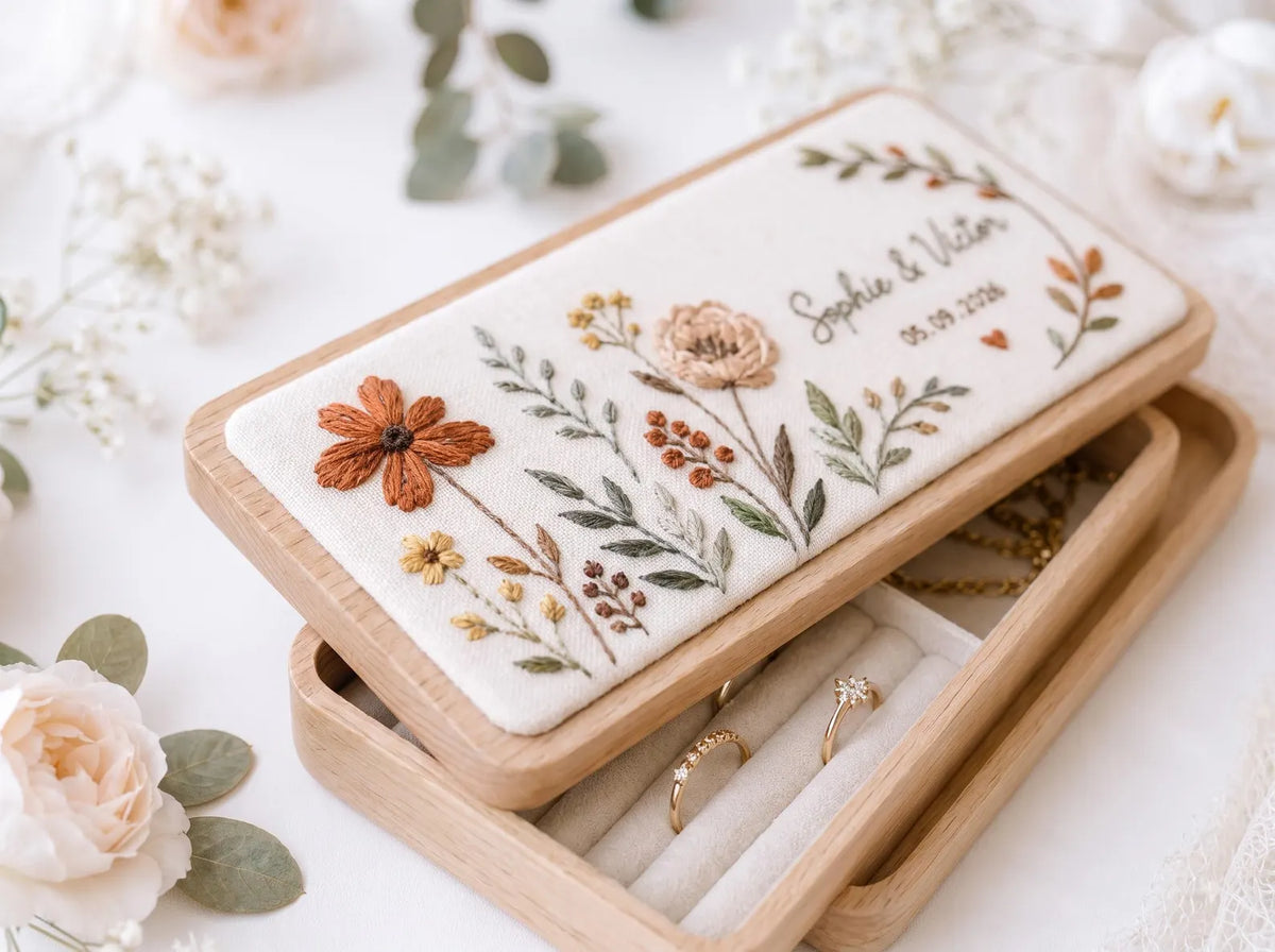 Personalized Mini Wooden Jewelry Box, Hand Embroidered Autumn Floral Ring Box with Rust Wildflowers, Custom Names and Date Wedding Gift