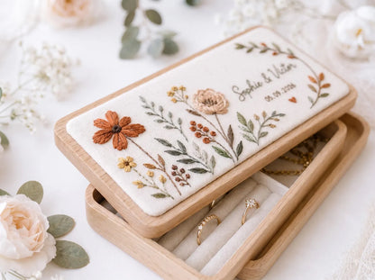 Personalized Mini Wooden Jewelry Box, Hand Embroidered Autumn Floral Ring Box with Rust Wildflowers, Custom Names and Date Wedding Gift