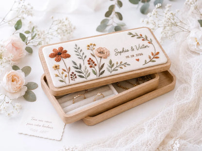 Personalized Mini Wooden Jewelry Box, Hand Embroidered Autumn Floral Ring Box with Rust Wildflowers, Custom Names and Date Wedding Gift