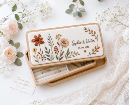 Personalized Mini Wooden Jewelry Box, Hand Embroidered Autumn Floral Ring Box with Rust Wildflowers, Custom Names and Date Wedding Gift