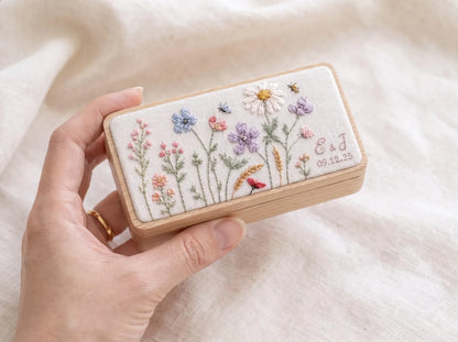 Personalized Mini Wooden Jewelry Box, Hand Embroidered Wildflower Ring Box with Lavender, Pink Blooms, Initials Date Wedding Gift Box Set