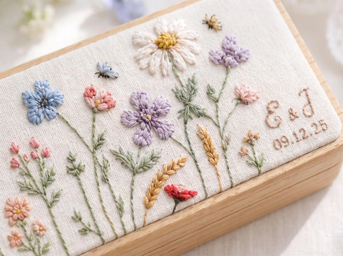 Personalized Mini Wooden Jewelry Box, Hand Embroidered Wildflower Ring Box with Lavender, Pink Blooms, Initials Date Wedding Gift Box Set