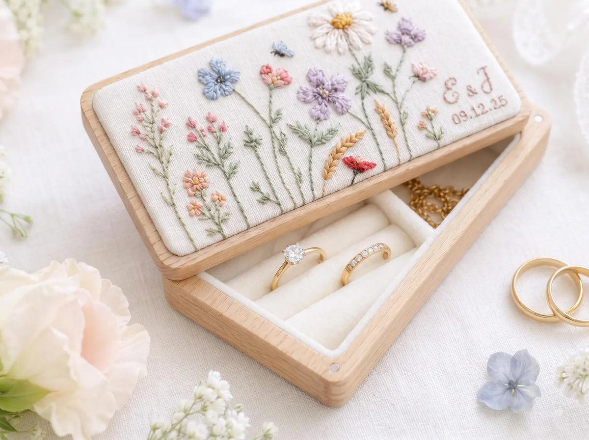 Personalized Mini Wooden Jewelry Box, Hand Embroidered Wildflower Ring Box with Lavender, Pink Blooms, Initials Date Wedding Gift Box Set