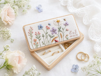 Personalized Mini Wooden Jewelry Box, Hand Embroidered Wildflower Ring Box with Lavender, Pink Blooms, Initials Date Wedding Gift Box Set