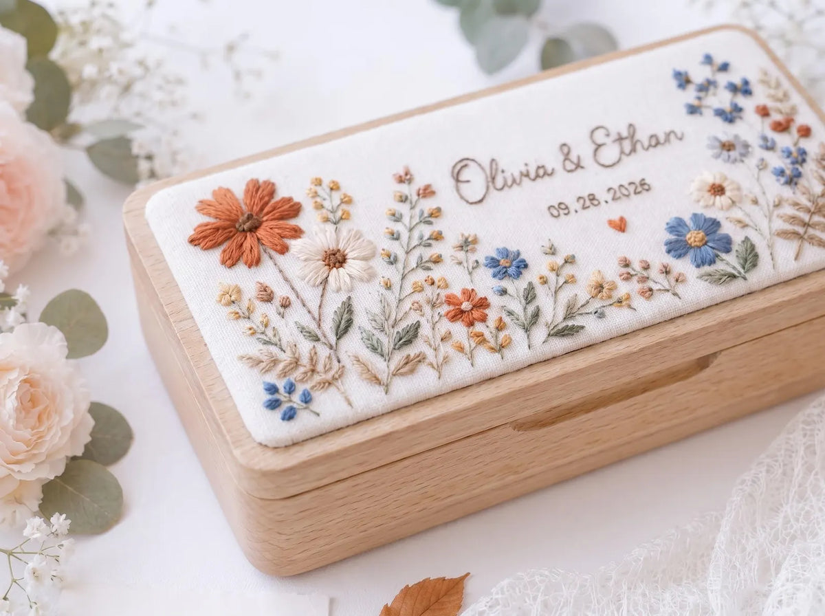 Personalized Mini Wooden Jewelry Box, Hand Embroidered Autumn Wildflower, Wheat and Berries, Custom Names and Date Wedding Keepsake Gift Box