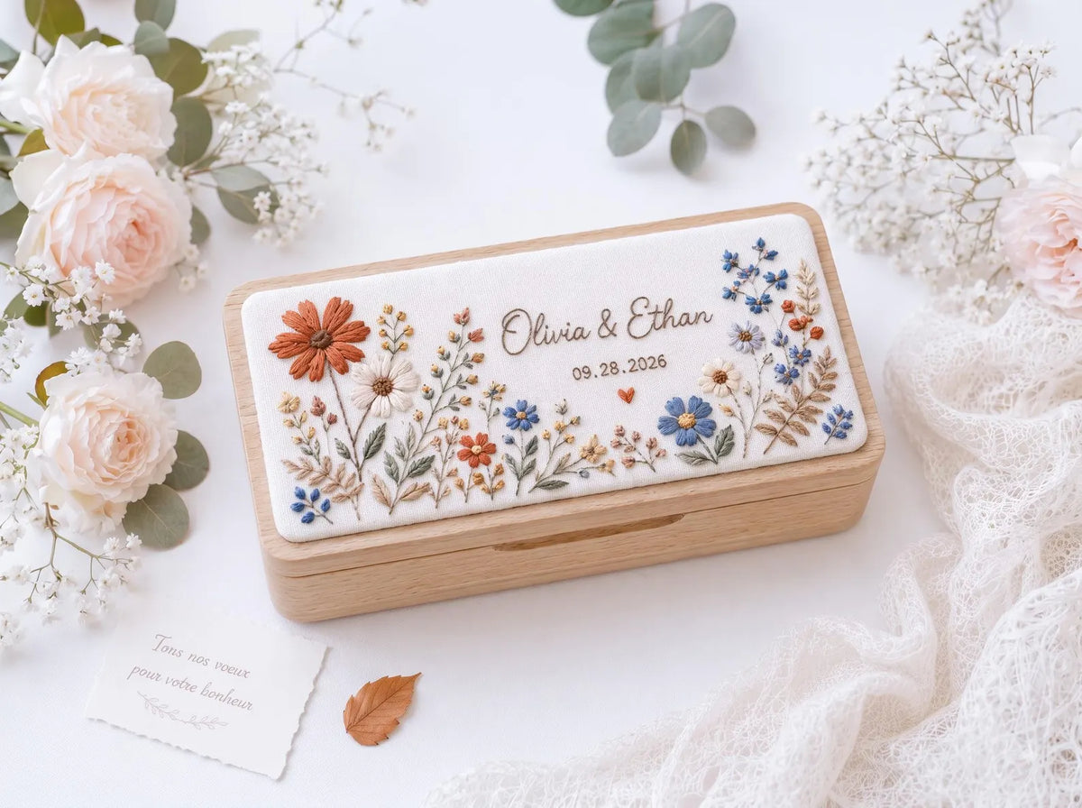 Personalized Mini Wooden Jewelry Box, Hand Embroidered Autumn Wildflower, Wheat and Berries, Custom Names and Date Wedding Keepsake Gift Box